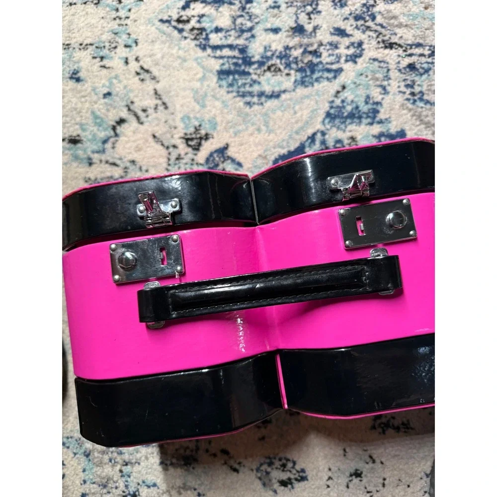 Vintage Pink Black Heart Shaped Makeup Train Case Vanity Mirror Box Y2K Storage